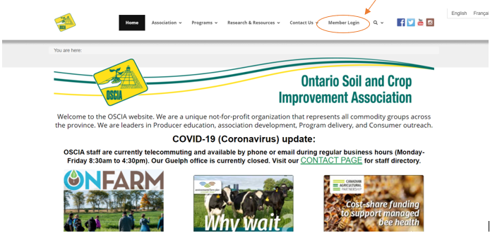 Screen Shot indicating Member login-in link on OSCIA home page