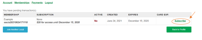 Screen shot of user "Memberships" page indicating "Subscribe" link.