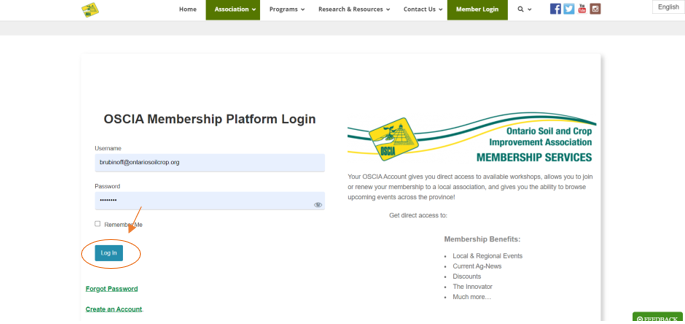 Screenshot showing corectly filled in login form, indicating the login button on ontariosoilcrop.org