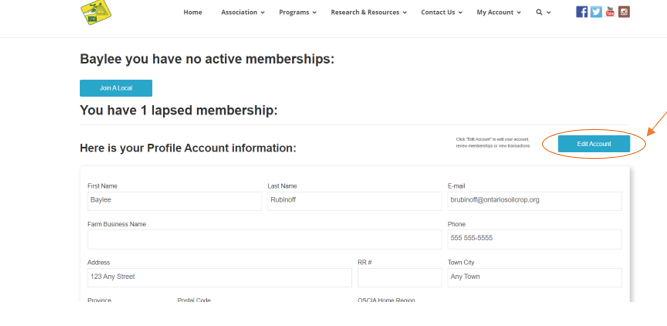 Screen shot of ontariosoilcrop.org Member Home page indicating "Edit Account" button