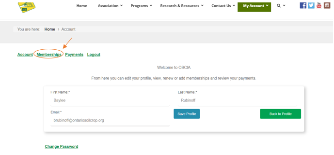 Screen Shot of ontariosoilcrop.org profile page indicating "Memberships" link