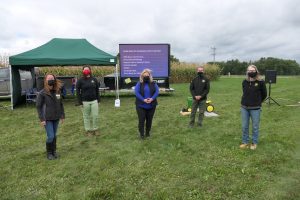 Left to right: Cathy Dibble, Baylee Rubinoff, Honourable Minister Lisa Thompson, Dr. Rene Van Acker, and Tracey Ryan at Crop Stop.